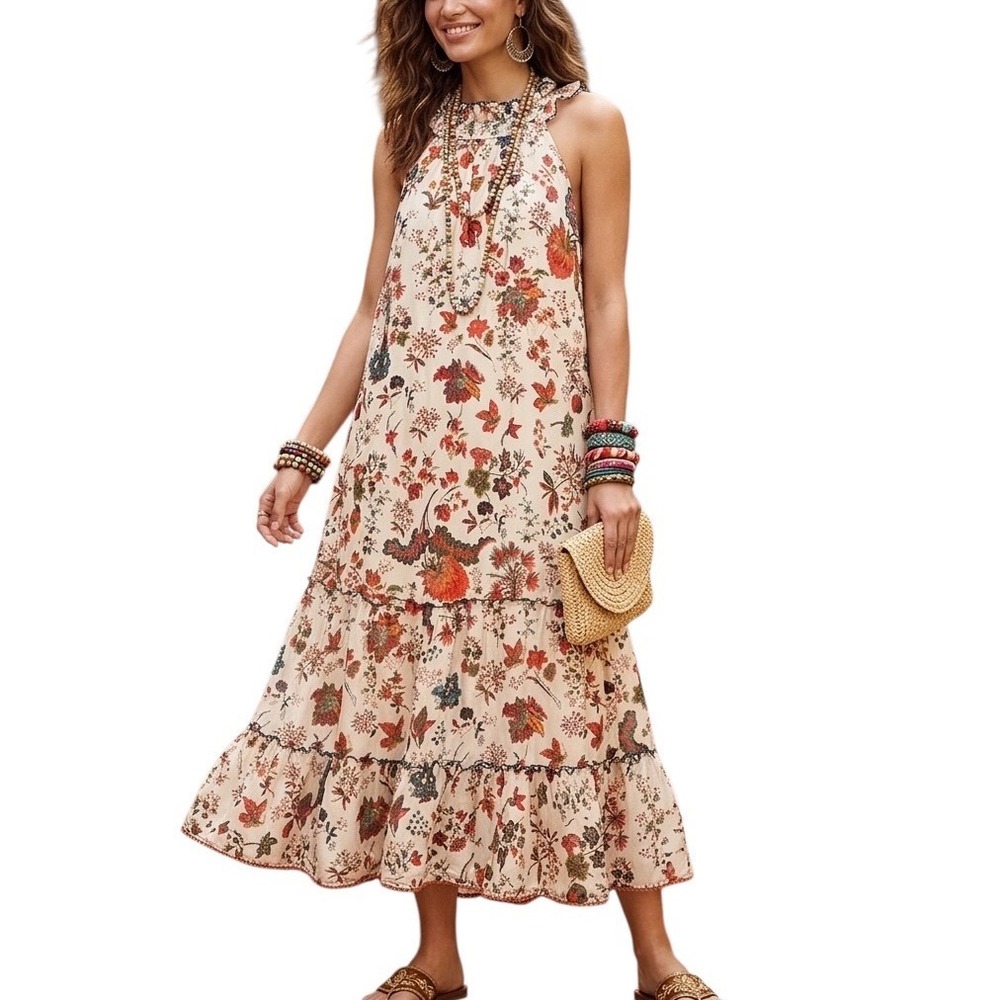 Payal Jain‎ Anthropologie XL Floral Butterfly Cotton Tiered Halter Maxi Dress